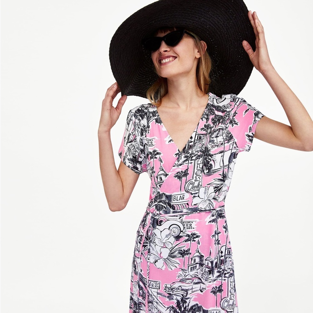 Zara Women’s Pink Havana Graphic Print Wrap Tie Mini Dress